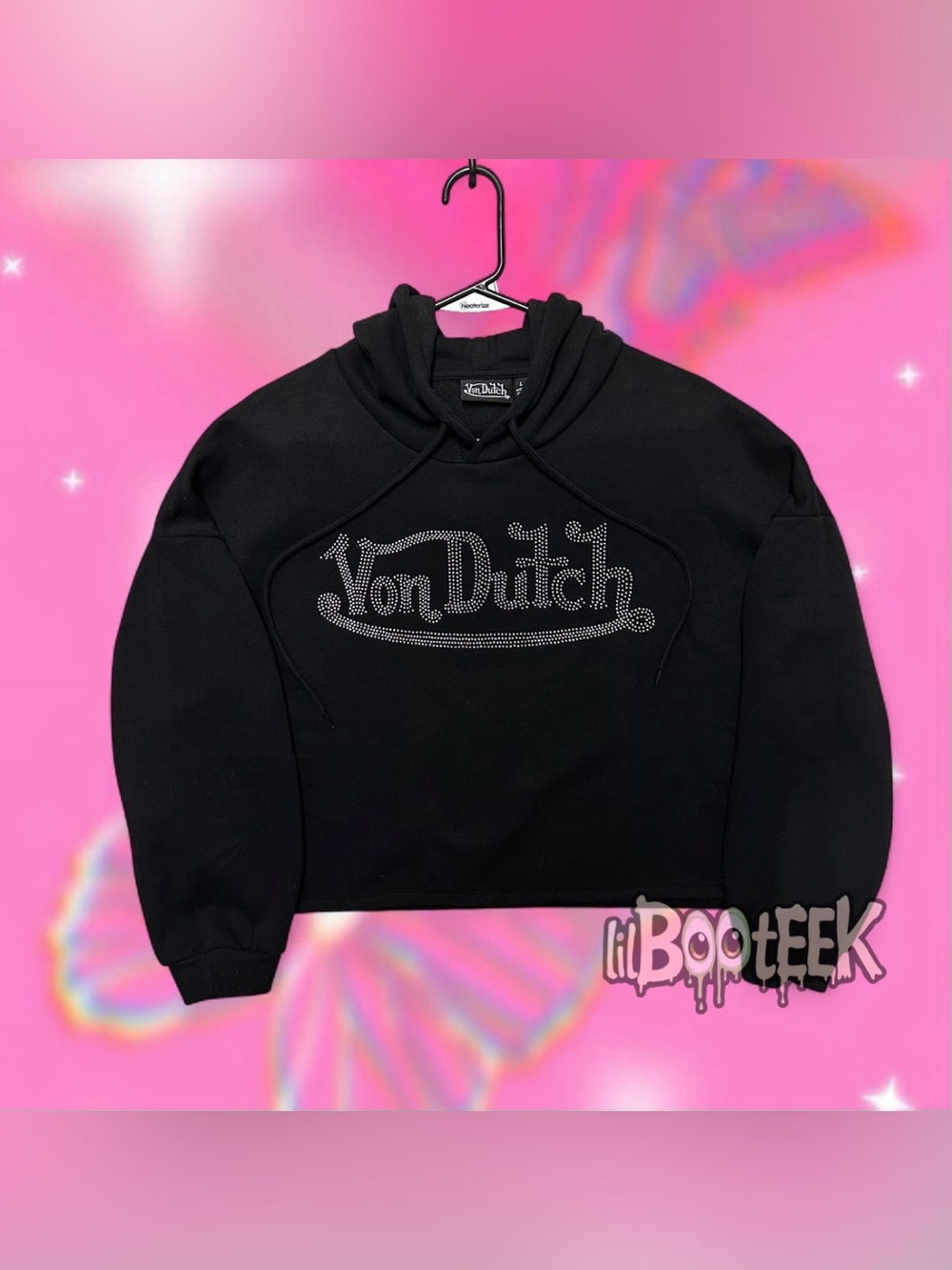 Von Dutch Ladies LG Black Cropped Hoodie w Rhinestone Logo NEW Y2K BLING